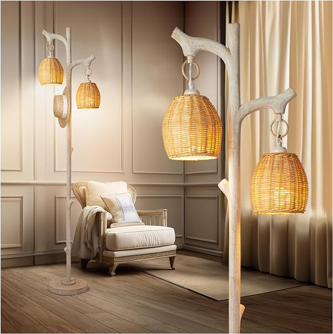 68" High Farmhouse Rustic Country Cottage Floor Lamp Tree Trunk Faux Wood Column White Washed Wicker Drum Shade Decor for Living Room Bedroom Reading Room - LeafyLoom