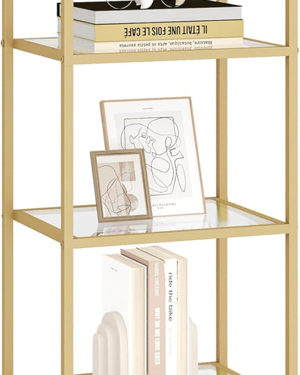Bookcase Bookshelf, Tempered Glass Bookshelves, Slim Shelving Unit for Bedroom, Bathroom, Home Office, Steel Frame, 5 Tier Gold BC05001G - LeafyLoom