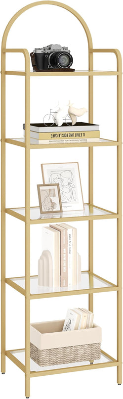 Bookcase Bookshelf, Tempered Glass Bookshelves, Slim Shelving Unit for Bedroom, Bathroom, Home Office, Steel Frame, 5 Tier Gold BC05001G - LeafyLoom