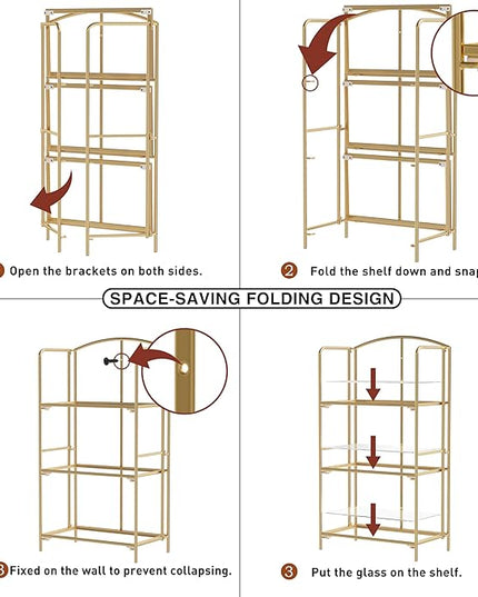 No Assembly Folding Bookshelf, 3 Tier Gold Bookshelf, Metal Book Shelf for Storage, Folding Bookcase for Office Organization and Storage, 12.6" D x 22.44" W x 42.13" H - LeafyLoom