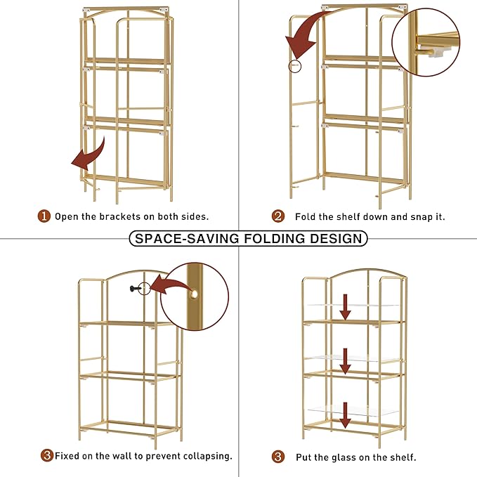 No Assembly Folding Bookshelf, 3 Tier Gold Bookshelf, Metal Book Shelf for Storage, Folding Bookcase for Office Organization and Storage, 12.6" D x 22.44" W x 42.13" H - LeafyLoom