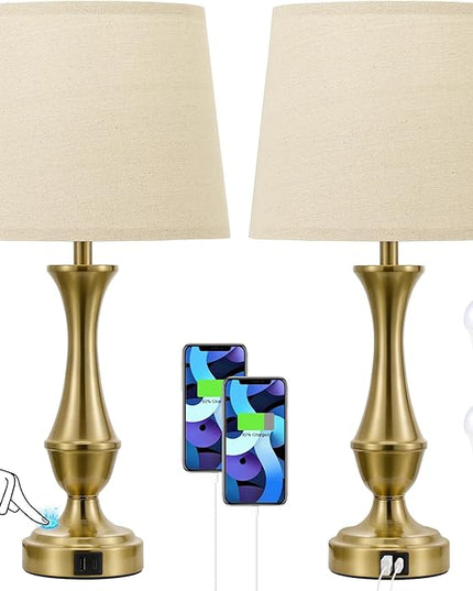 Touch Lamps for Bedrooms Set of 2 - Nightstand Table Lamp with USB C+A, 3 Way Dimmable Bedside Lamps for Living Room End Tables Set of 2, Farmhouse Night Stand Lamps(Brown&Gold) - LeafyLoom