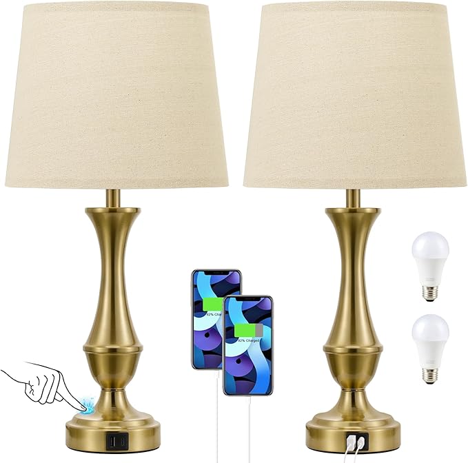 Touch Lamps for Bedrooms Set of 2 - Nightstand Table Lamp with USB C+A, 3 Way Dimmable Bedside Lamps for Living Room End Tables Set of 2, Farmhouse Night Stand Lamps(Brown&Gold) - LeafyLoom