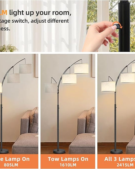 Arc Floor Lamps for Living Room,Modern Mid Century Tall Standing Floor Lamp with Heavy Base for Bedroom Office,3-Light Floor Lamp with Adjustable Hanging and 3 LED Bulbs (Black+Beige Shade) - LeafyLoom