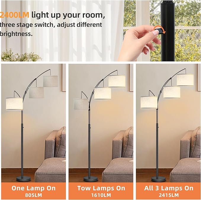 Arc Floor Lamps for Living Room,Modern Mid Century Tall Standing Floor Lamp with Heavy Base for Bedroom Office,3-Light Floor Lamp with Adjustable Hanging and 3 LED Bulbs (Black+Beige Shade) - LeafyLoom
