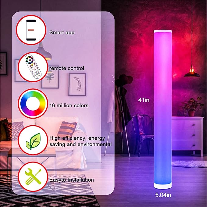 RGB Floor Lamp 2 Pack, Color Changing Corner Lamps Music Sync with Remote & Smart App Control, Modern LED Floor Lamps 1600 Million Dimmable, 200+ Scene Modes Standing Lamp for Bedroom/Living Room - LeafyLoom