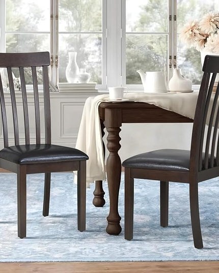 COLAMY Wooden Dining Chairs Set of 2, PU Leather Dining Room Kitchen Side Chair with Spindle High Back and Adjustable Foot Pegs - DarkBrown - LeafyLoom