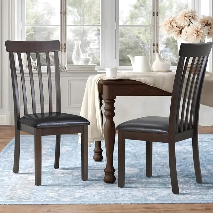COLAMY Wooden Dining Chairs Set of 4, PU Leather Dining Room Kitchen Side Chair with Spindle High Back and Adjustable Foot Pegs - DarkBrown - LeafyLoom