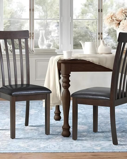COLAMY Wooden Dining Chairs Set of 2, PU Leather Dining Room Kitchen Side Chair with Spindle High Back and Adjustable Foot Pegs - DarkBrown - LeafyLoom