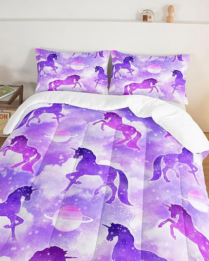 HOSIMA Purple Unicorn Bedding Sets for Girls Kids,3 Piece Soft Microfiber Galaxy Comforter Princess Crib Bedding Set Unicorn Bedroom Decor for Girls Room,Planet Cloud King Size Comforter Set. - LeafyLoom
