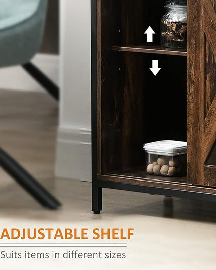 HOMCOM Industrial Farmhouse Buffet Cabinet, Kitchen Sideboard with Sliding Barn Doors, Three Drawers and Adjustable Shelves for Living Room, Rustic Brown - LeafyLoom