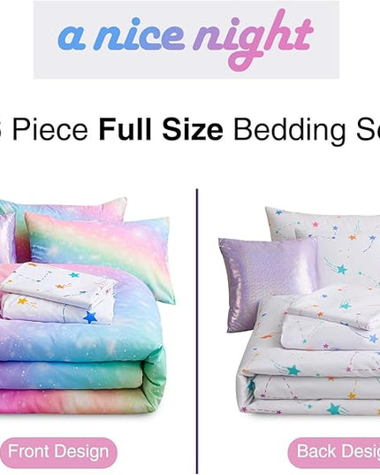 A Nice Night 6Pcs Gradient Glitter Bedding Set for Girls Full Size, Colorful Rainbow Galaxy Comforter Set, Ultra Soft Bedding Sets, Pink - LeafyLoom