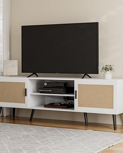 TV Stand for TVs up to 65'', Mid Century Modern Entertainment Center with Rattan Door, Shelves & 2 Cabinets, Boho Media TV Console for Living Room, Bedroom, White - LeafyLoom