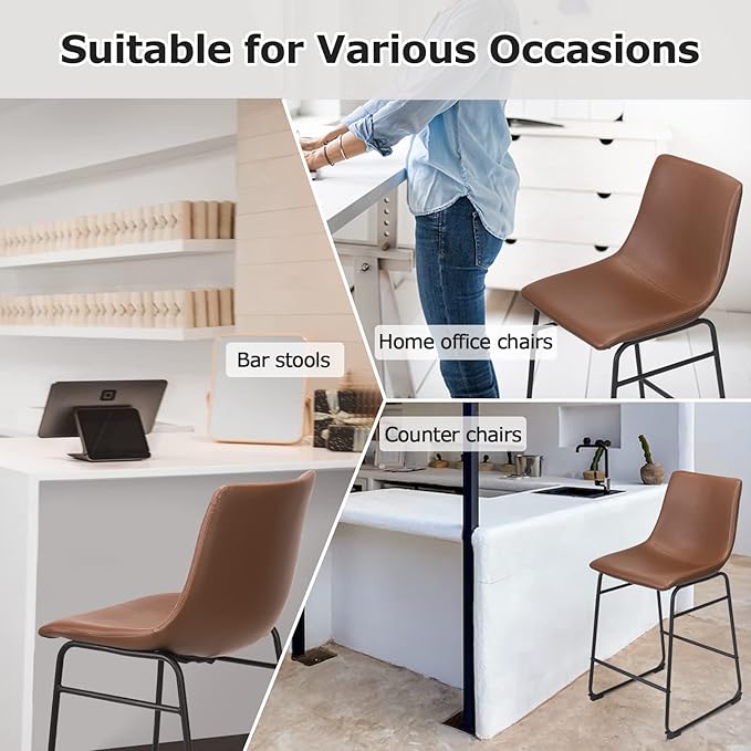 Bar Stools Set of 2, 26 Inches Bar Stool with Back, Carbon Fiber Bar Chair with Metal Legs (Brown) - LeafyLoom