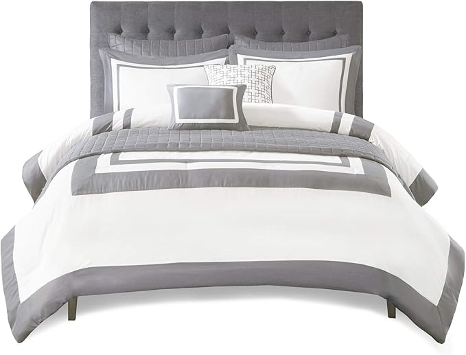 Madison Park Heritage Comforter Quilt Combo Set - Modern Luxury Design, All Season Down Alternative Bedding, Matching Shams, Decorative Pillows, King/Cal King(104"x92"), Color Block Grey 8 Piece - LeafyLoom