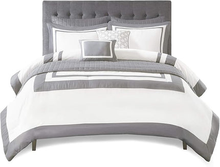 Madison Park Heritage Comforter Quilt Combo Set - Modern Luxury Design, All Season Down Alternative Bedding, Matching Shams, Decorative Pillows, Full/Queen(90"x90"), Color Block Grey 8 Piece - LeafyLoom