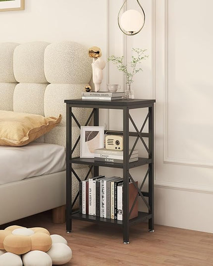 YMYNY 3 Tiers Bookcase, Industrial Metal Bookshelf with Side Fence, Storage Organizer for Living Room, Home Office, Bedroom, Display Racks, Sofa Side Table, 29.5 * 15.75 * 11.4", Black UHST008B - LeafyLoom