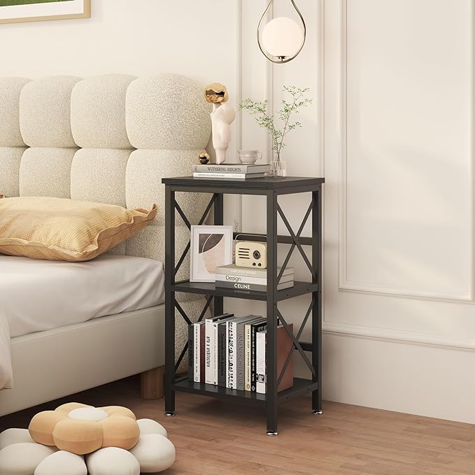 YMYNY 3 Tiers Bookcase, Industrial Metal Bookshelf with Side Fence, Storage Organizer for Living Room, Home Office, Bedroom, Display Racks, Sofa Side Table, 29.5 * 15.75 * 11.4", Black UHST008B - LeafyLoom