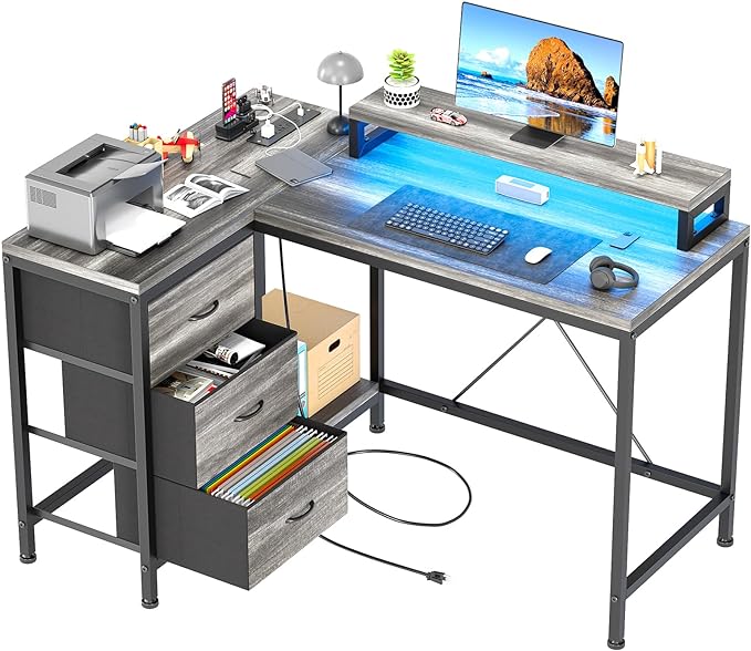 L Shaped Desk with Power Outlets & LED Lights, Computer Desk with Drawers & Shelves, Corner Desk Gaming Desk Home Office Desk, Oak - LeafyLoom
