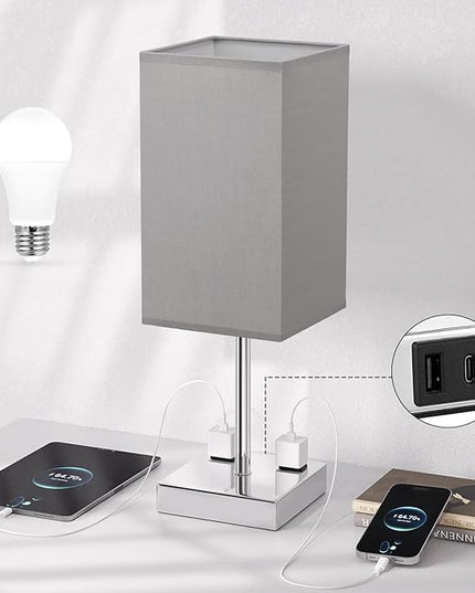 Touch Bedside Table Lamp For Nightstand - 3-Way Dimmable Night Lamp with USB A + Type C Charging Ports and two AC Outlets, Small Desk Light with E26 LED Bulb for Bedroom Living Room, GREY PLUS - LeafyLoom