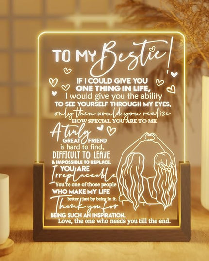 Best Friend Birthday Gifts for Women - Heartwarming Acrylic Plaque with Walnut Night Light - to My Bestie Gifts Unique - Friendship Gifts for Friends Female - LeafyLoom
