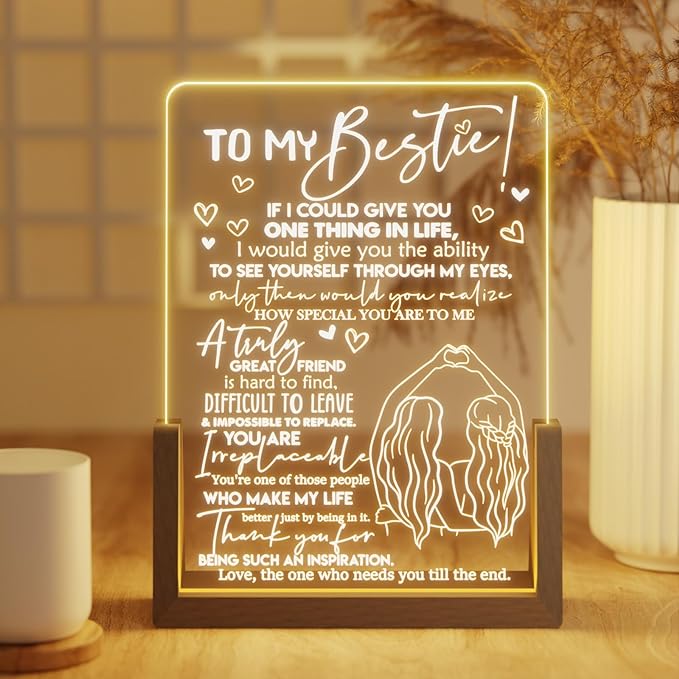 Best Friend Birthday Gifts for Women - Heartwarming Acrylic Plaque with Walnut Night Light - to My Bestie Gifts Unique - Friendship Gifts for Friends Female - LeafyLoom