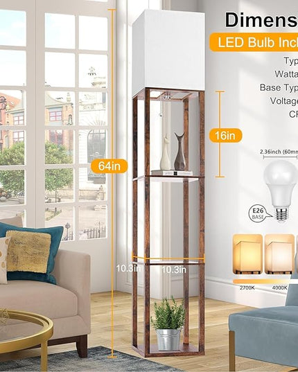Floor Lamp with Shelves, Modern Standing Shelf Lamp with 3 CCT LED Bulb and White Shade for Living Room Bedroom and Office Deco-Brown - LeafyLoom