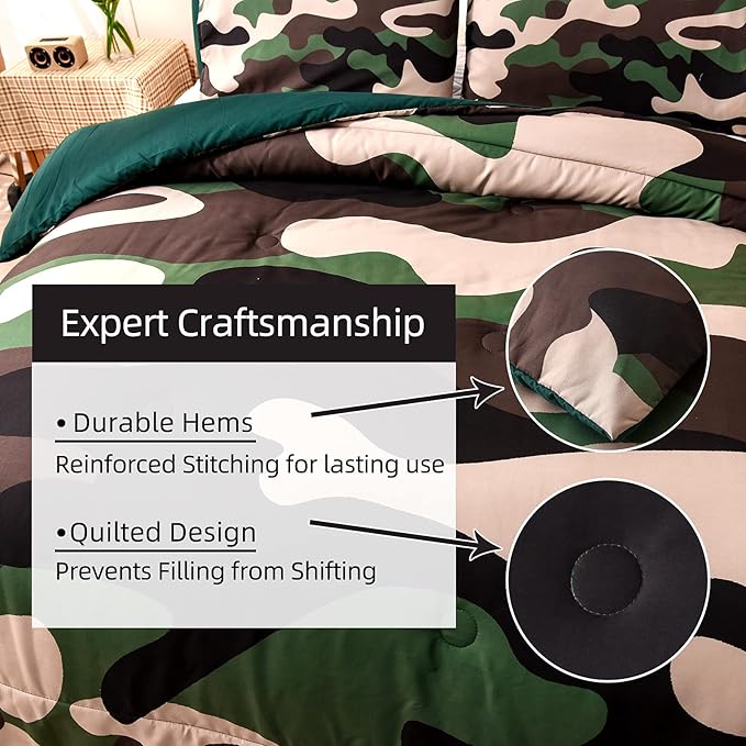 Meeting Story Camouflage Bedding Set, Green Camouflage Comforter Set, 3 PCS One Comforter and Two Pillowases, All Season Soft Bedspread for Teens Adults (Green, Full) - LeafyLoom