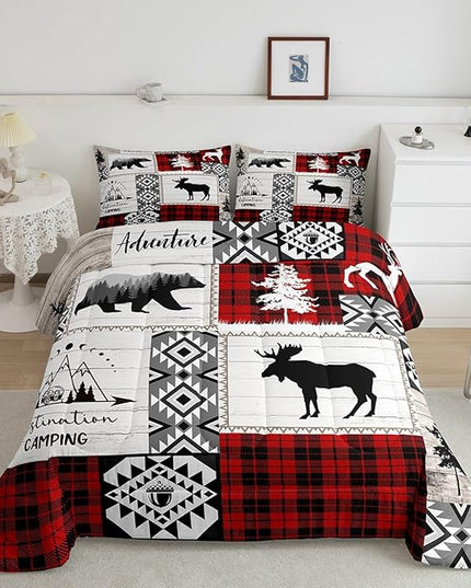 Deer Antlers Bear Kids Comforter Set Queen Size,Plaids Aztec Arrows Patchwork Bedding Set for Boys Girls Adults Room Decor,Rustic Adventure Xmas Down Comforter,Red Retro Duvet Insert,2 Pillowcases - LeafyLoom