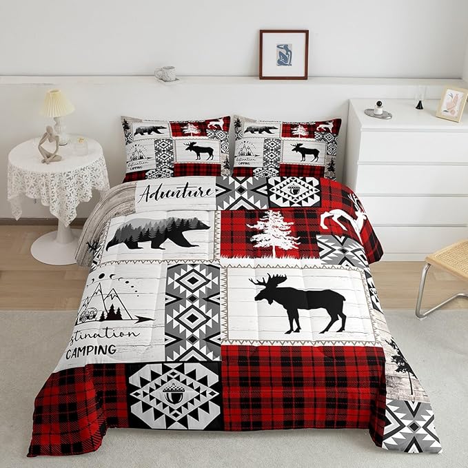 Deer Antlers Bear Kids Comforter Set Twin Size,Plaids Aztec Arrows Patchwork Bedding Set for Boys Girls Adults Room Decor,Rustic Adventure Xmas Down Comforter,Red Retro Duvet Insert,1 Pillowcase - LeafyLoom