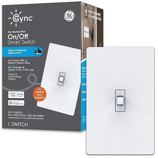 GE CYNC Smart Light Switch, Toggle Switch Style, No Neutral Wire Required, Bluetooth and 2.4 GHz WiFi 3-Wire Switch, Works with Amazon Alexa and Google Home, White (1 Pack) CYNCSmartHome