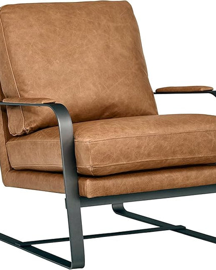 Amazon Brand – Rivet Summit Mid-Century Modern Leather Accent Chair with Steel Arms, Cognac Brown, 35"D x 27.2"W x 27.6"H - LeafyLoom
