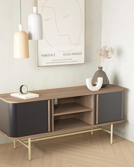 roomfitters Sideboard Buffet Cabinet with Sliding Doors, Mid Century Modern Credenza with 2 Tambour Doors, Minimalist Accent Storage Cabinet for Living Room, Media Console with Storage, Walnut Black - LeafyLoom