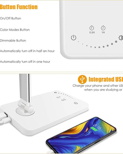 LED Desk Lamp, Eye-Caring Dimmable Table Lamps, Portable Office Lamp with USB Charging Port, 5 Lighting Modes, Timer Function, Touch Sensitive Control for Reading, Study, Working - LeafyLoom