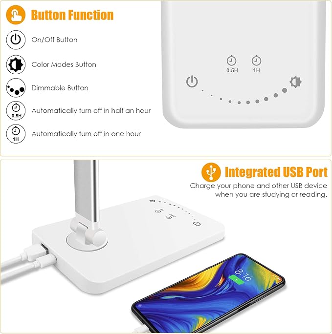 LED Desk Lamp, Eye-Caring Dimmable Table Lamps, Portable Office Lamp with USB Charging Port, 5 Lighting Modes, Timer Function, Touch Sensitive Control for Reading, Study, Working - LeafyLoom