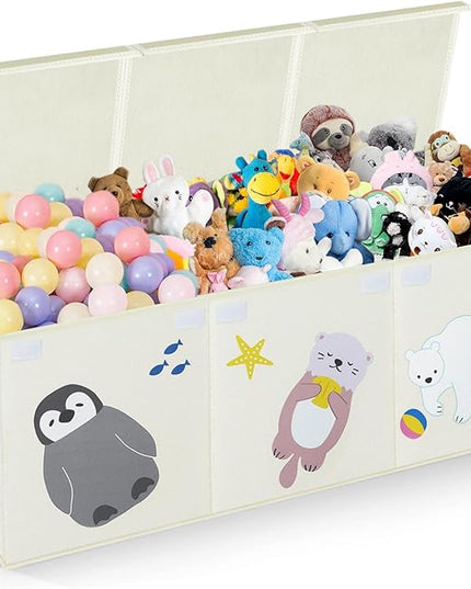 Large Toy Box Storage Chest,Sturdy Toys Storage Organizer Bin Basket with Dividers and Lids for Toddlers,Boys,Girls,Nursery,Closet,Living Room Area,Playroom(Beige Animals) - LeafyLoom