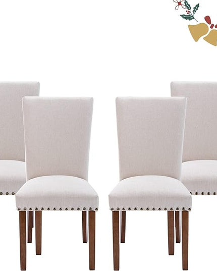 Parsons Dining Chairs Set of 4, Upholstered Nailhead Dining Room Kitchen Side Chair with Thick Cushions and Wood Legs, Beige - LeafyLoom