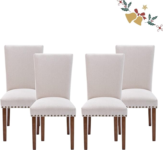 Parsons Dining Chairs Set of 4, Upholstered Nailhead Dining Room Kitchen Side Chair with Thick Cushions and Wood Legs, Beige - LeafyLoom
