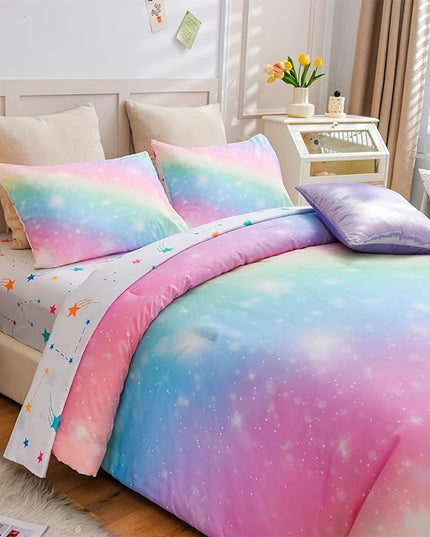 A Nice Night 6Pcs Gradient Glitter Bedding Set for Girls Twin Size, Colorful Rainbow Galaxy Comforter Set, Ultra Soft Bedding Sets, Pink - LeafyLoom
