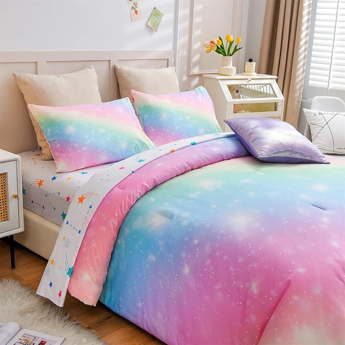 A Nice Night 6Pcs Gradient Glitter Bedding Set for Girls Twin Size, Colorful Rainbow Galaxy Comforter Set, Ultra Soft Bedding Sets, Pink - LeafyLoom