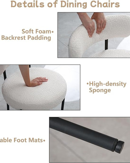 White Dining Chairs Set of 4 Round Upholstered Boucle Dining Room Chairs Mid-Century Modern Kitchen Chairs Curved Backrest Chairs for Dining Room Black Metal Legs - LeafyLoom