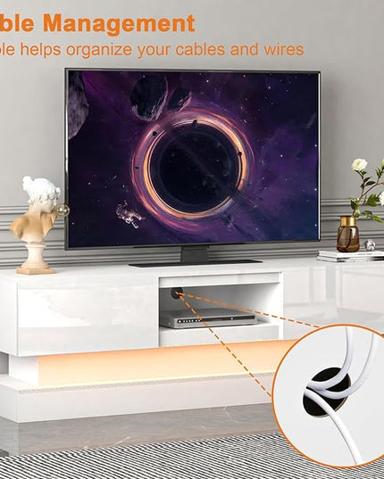 Modern TV Stand Glossy White - TV Console with Led Lights and Storage Drawers for Televisions up to 70 Inchs - Media Entertainment Center for Living Room, Bedroom - LeafyLoom