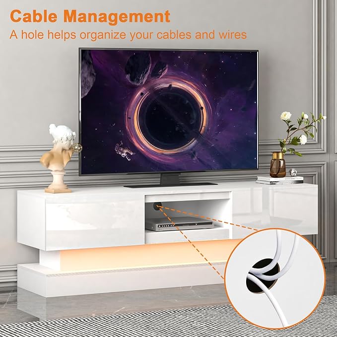 Modern TV Stand Glossy White - TV Console with Led Lights and Storage Drawers for Televisions up to 70 Inchs - Media Entertainment Center for Living Room, Bedroom - LeafyLoom