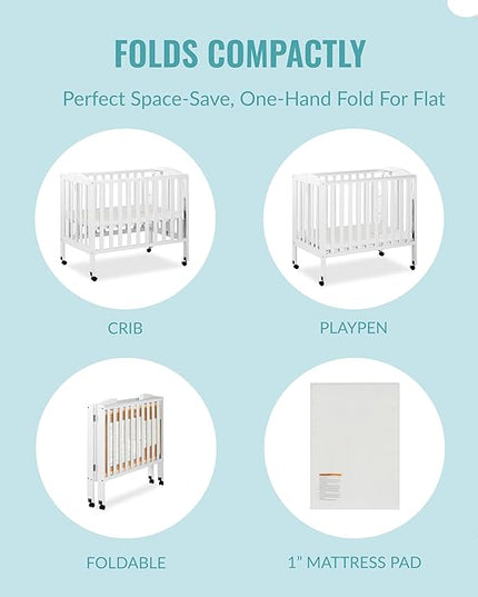 3 in 1 Portable Folding Stationary Side Crib in White, Greenguard Gold Certified, Safety Wheel with Locking Casters, Convertible, 3 Mattress Heights - LeafyLoom