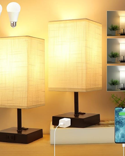 Dott Arts Table Lamp for Bedroom Set of 2,Minimalist Bedside Lamps with AC Outlets，Night Light 2700K 4000k 5000K Small Nightstand Lamps for Living Room Kids Room Office(Bulbs Included) - LeafyLoom