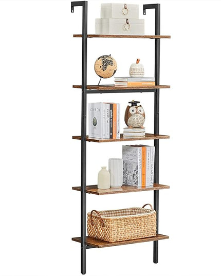 VASAGLE Industrial Ladder Shelf, 5-Tier Bookshelf, Wood Wall Mounted Shelf, Storage Rack Display Shelves for Living Room, Home Office, 23.6 x 11.8 x 67.7 Inches, Rustic Brown and Black ULLS102B01 - LeafyLoom
