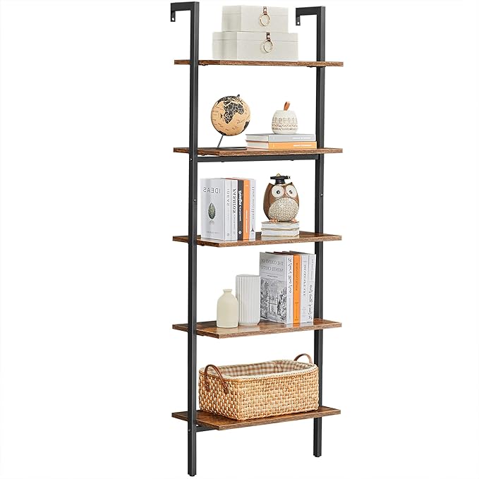 VASAGLE Industrial Ladder Shelf, 5-Tier Bookshelf, Wood Wall Mounted Shelf, Storage Rack Display Shelves for Living Room, Home Office, 23.6 x 11.8 x 67.7 Inches, Rustic Brown and Black ULLS102B01 - LeafyLoom