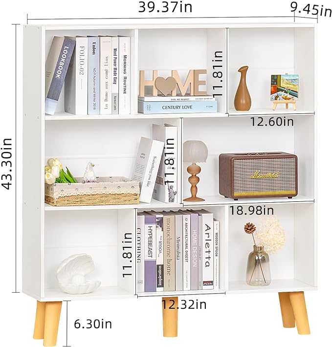 YAHARBO 8 Cube White Bookshelf,3 Tier Book Shelf with Legs,Modern Minimalist Bookcase,Open Book Shelves Storage Organizer,Frees Standing Wooden Display Bookcases for Small Space,Bedroom,Living Room - LeafyLoom