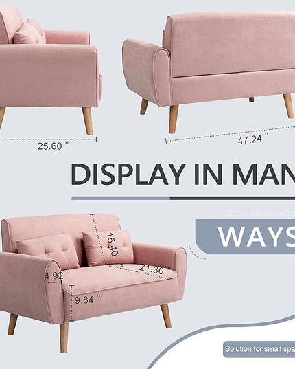 Shintenchi 47" Loveseat Wood Sofa with High-Density Sponge Cushion, Mid-Century Modern Design, Pink - LeafyLoom