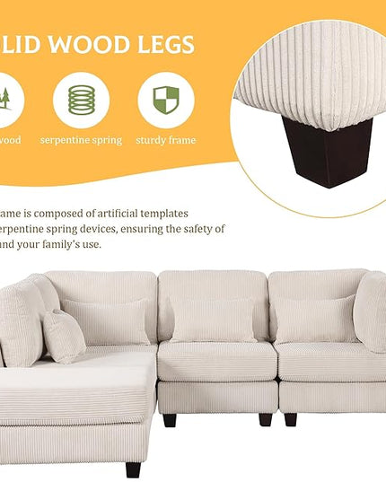 Removable comfortable Pieces Convertible Modular Sectional Movable Ottoman,Large L Shaped Corner Reversible Chaise and Waist Pillows, 5-Seat Oversized Cloud Sofas & Couches, Beige-C - LeafyLoom
